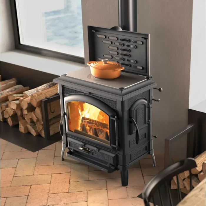 Poêle à bois avec chauffe plat Isotta con cerchi.16 - 11,9 Kw - E-bois
